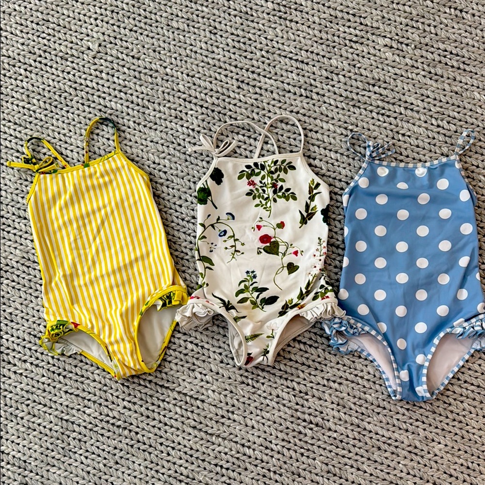 Oscar de la Renta Kids One Piece Swim - Yellow stripe, White floral, Blue polka